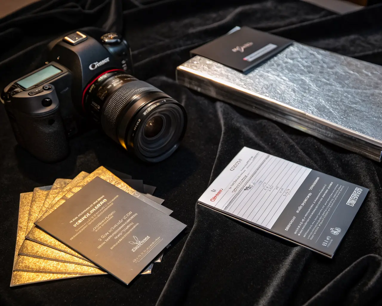 Premium specialty material marketing flyers with metallic silver foil paper and ultra-thick cardstock displayed on black velvet surface