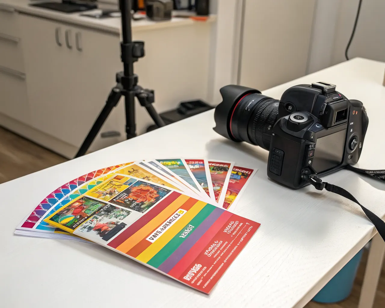 Stack of vibrant full-color standard marketing flyers fanned out on a white studio surface showing bold graphic designs