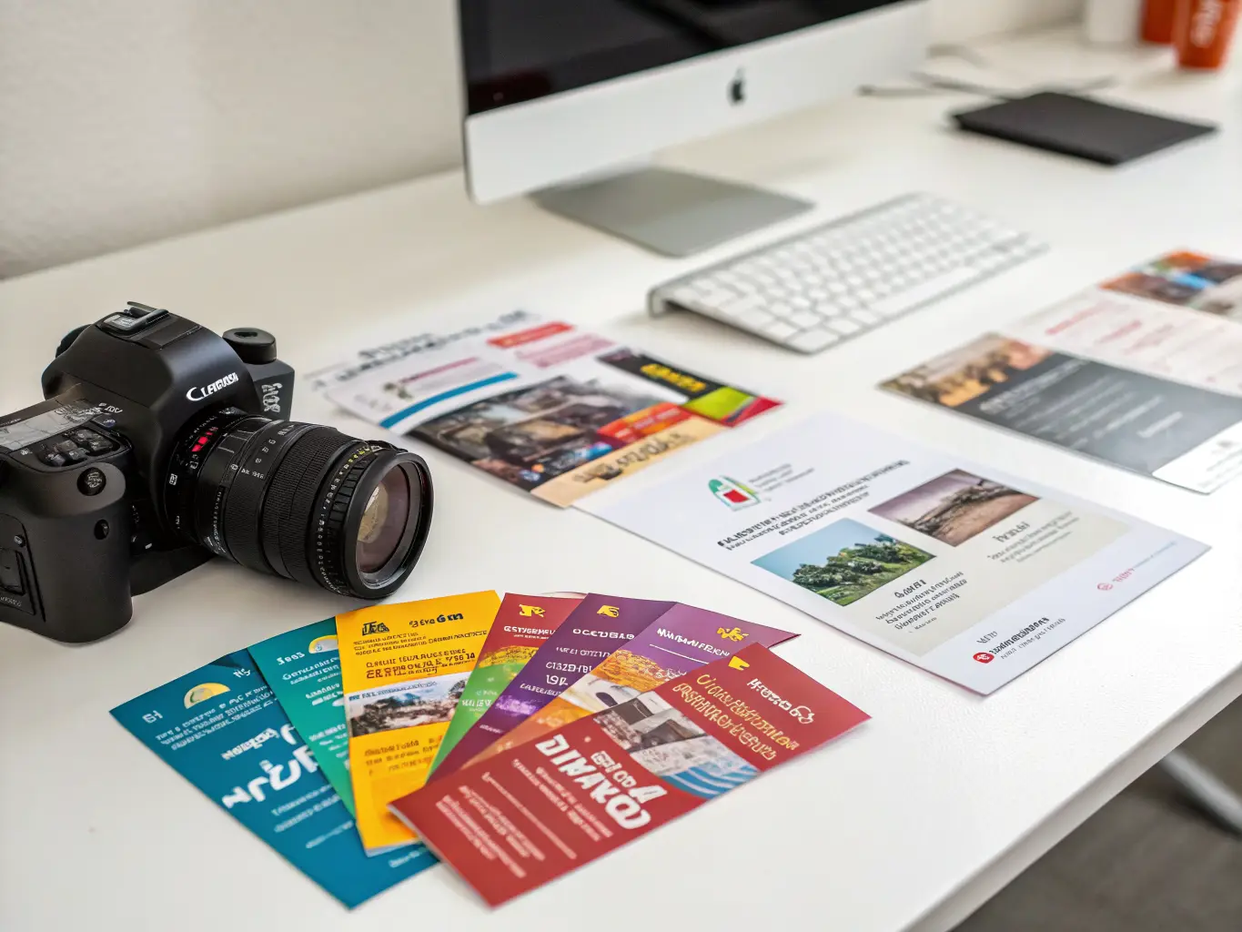 Colorful full-color marketing flyers in various sizes spread across a workspace