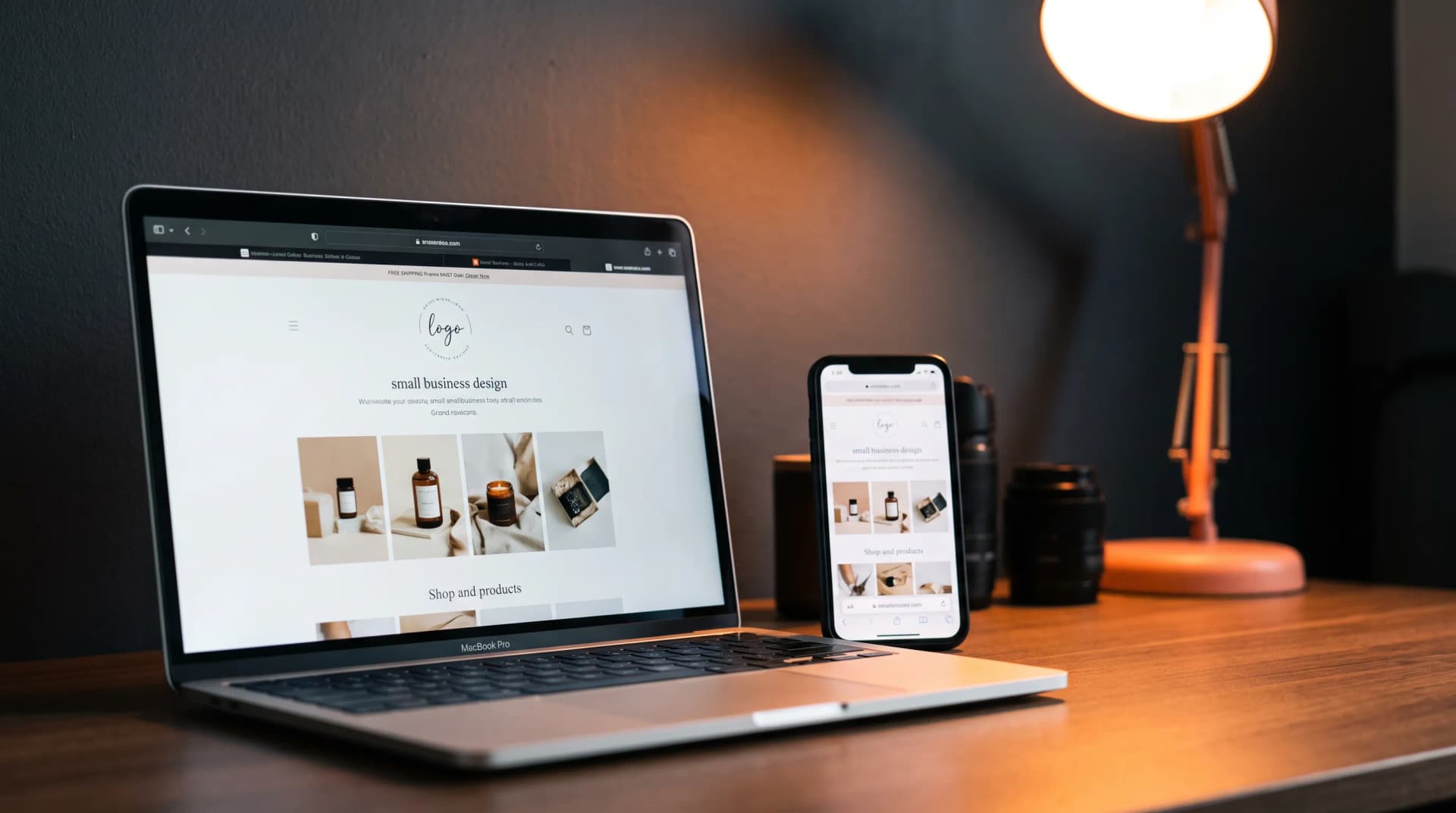 Laptop and phone showing a modern small business website preview