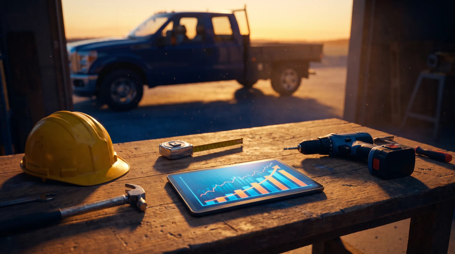 Contractor workbench with tools and a growth dashboard