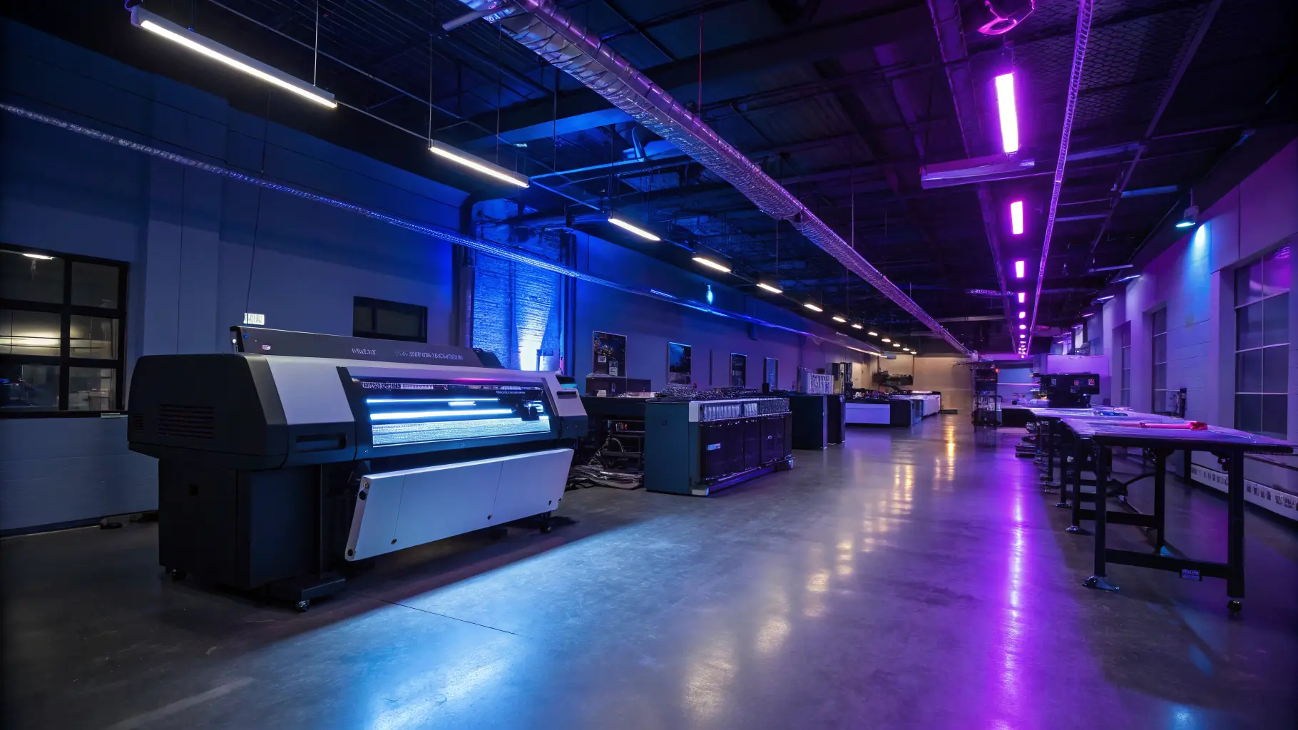 Commercial print shop with professional printing equipment