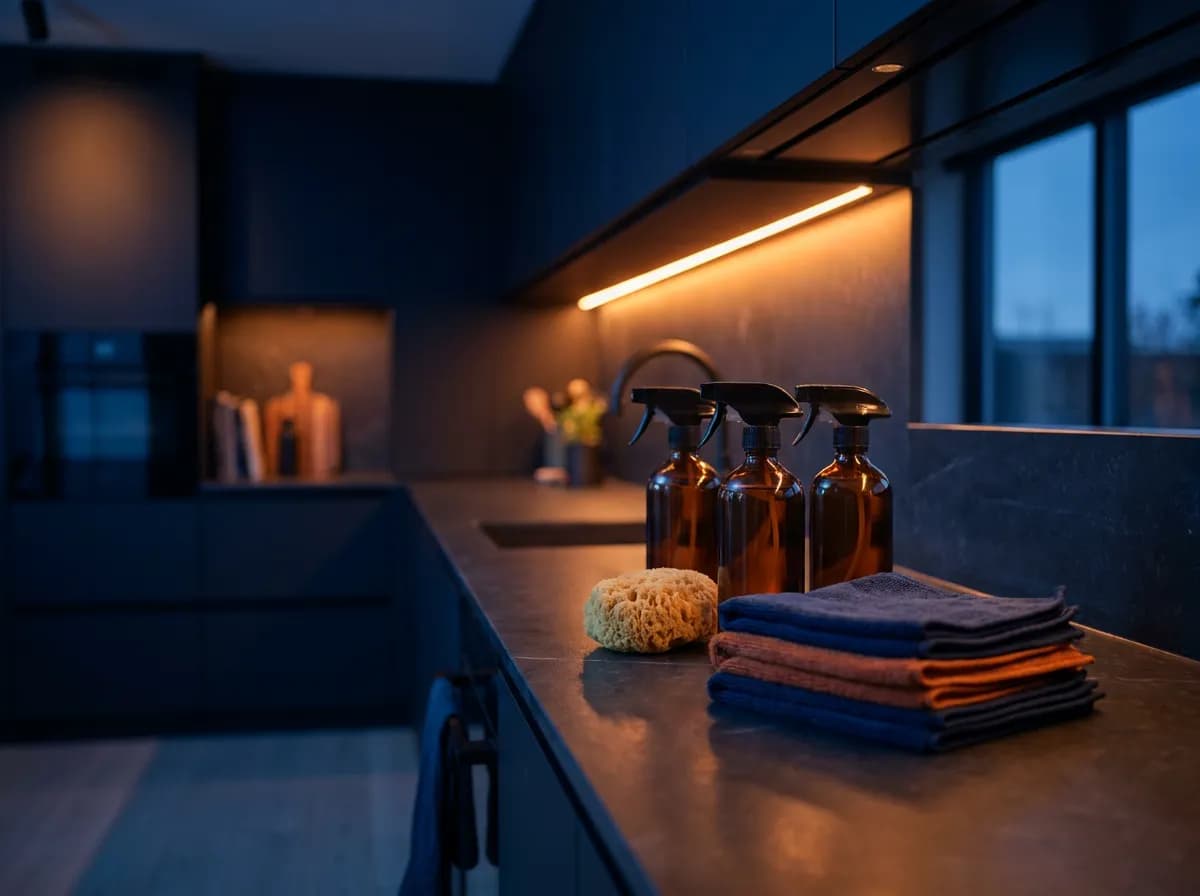 Professional cleaning supplies and microfiber cloths in a clean kitchen for cleaning companys in Los Angeles, CA and nationwide