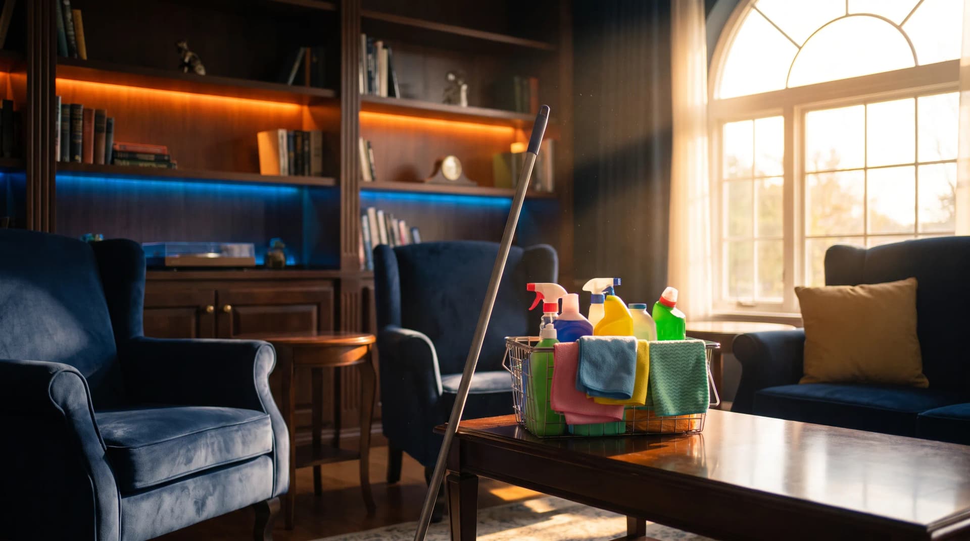 Spotless bright living room with a cleaning supplies caddy and mop, cleaning companies marketing