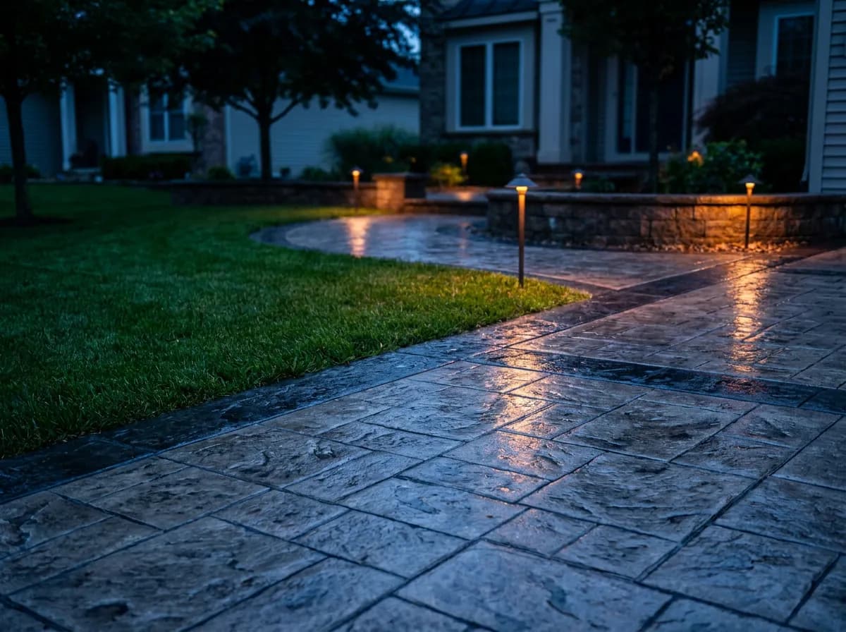 Decorative stamped concrete driveway and walkway with a finished border for concrete contractors in San Antonio, TX and nationwide