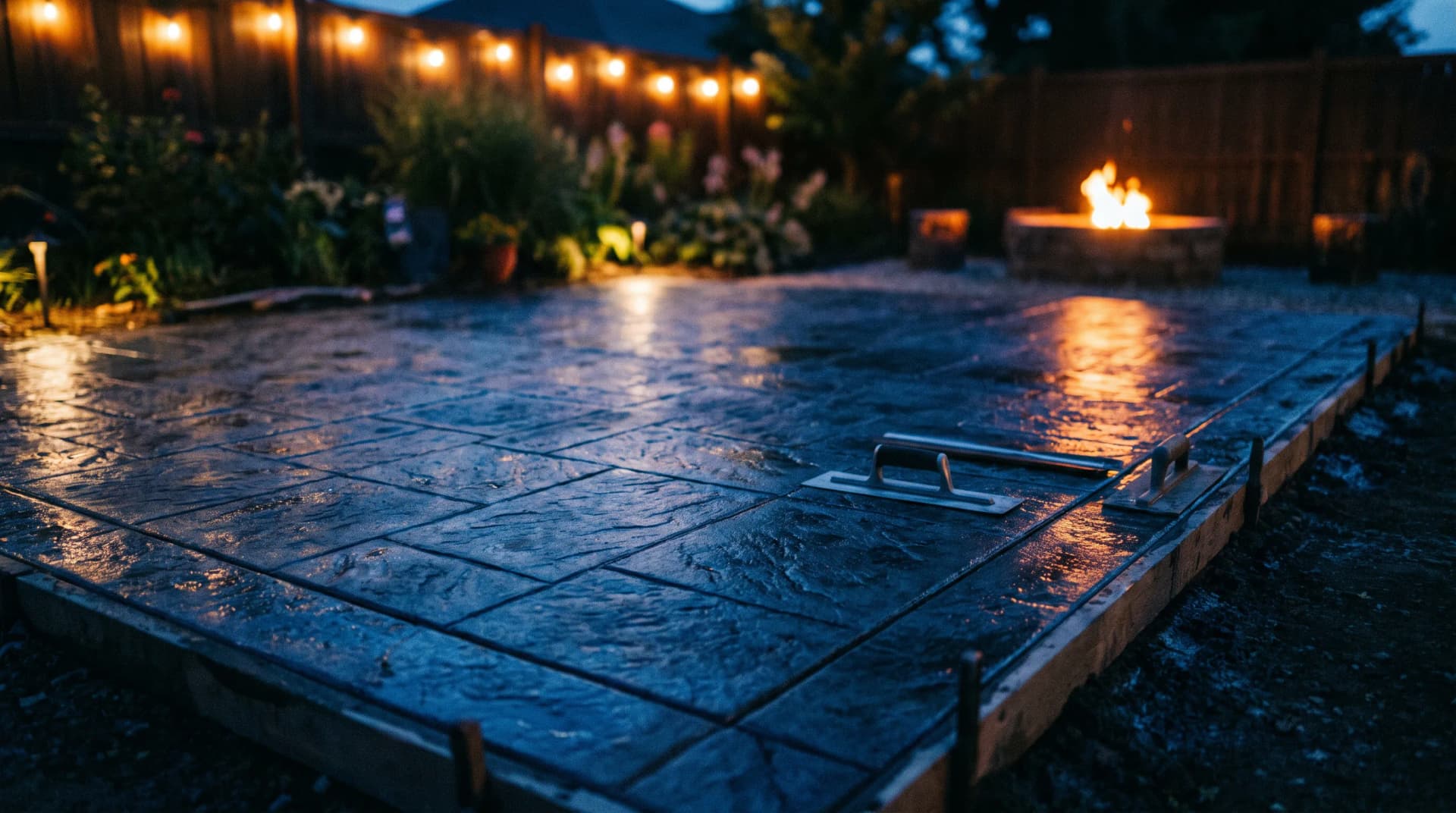 Freshly poured stamped concrete patio with a slate pattern and finishing tools, concrete & stamping marketing