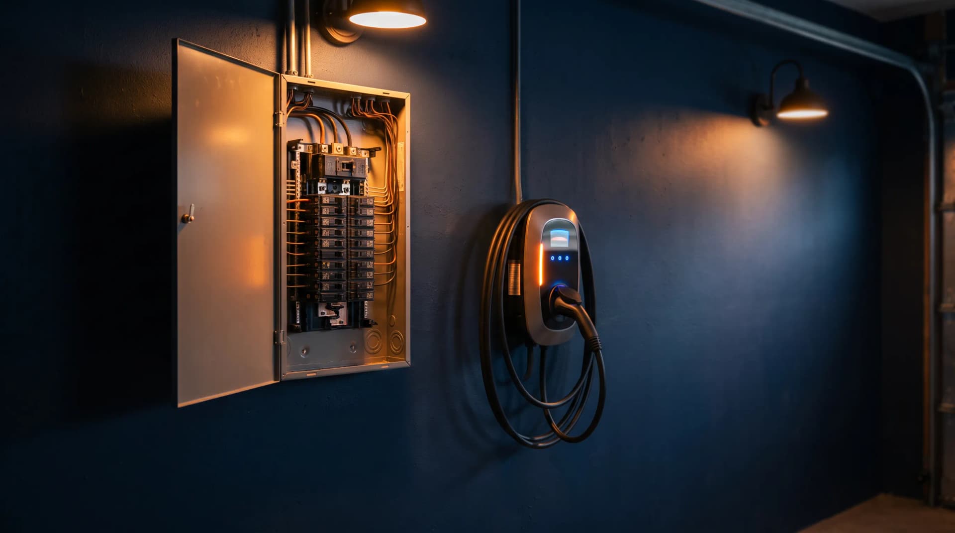Open electrical panel with organized breakers next to an EV charger in a garage, electricians marketing