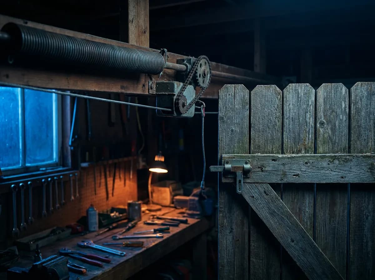 Garage door spring repair tools and a wooden fence gate hardware for home service companys in Denver, CO and nationwide