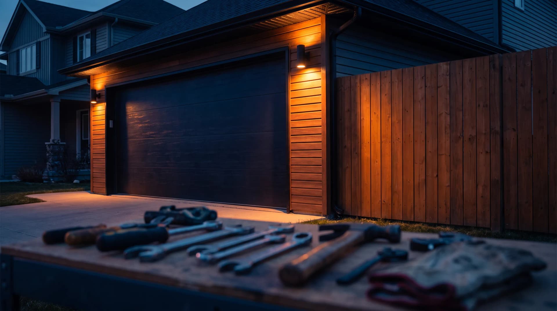 Modern garage door on a suburban home beside a wooden privacy fence, garage door, fencing & more marketing