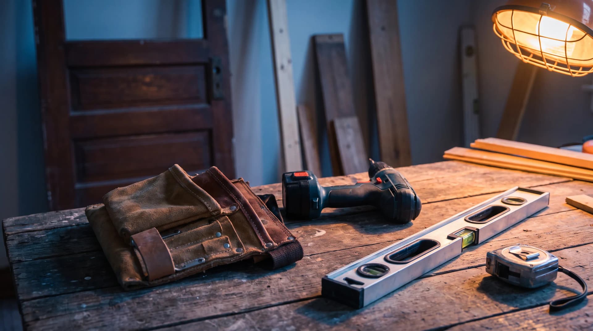 Handyman tool belt, drill and level on a wooden workbench, handyman services marketing