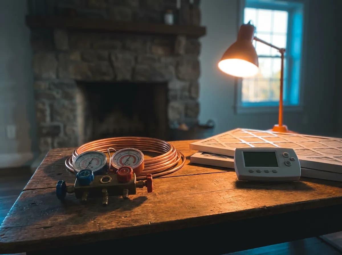 HVAC technician tools and thermostat for AC repair and furnace service for HVAC companys in Dallas, TX and nationwide