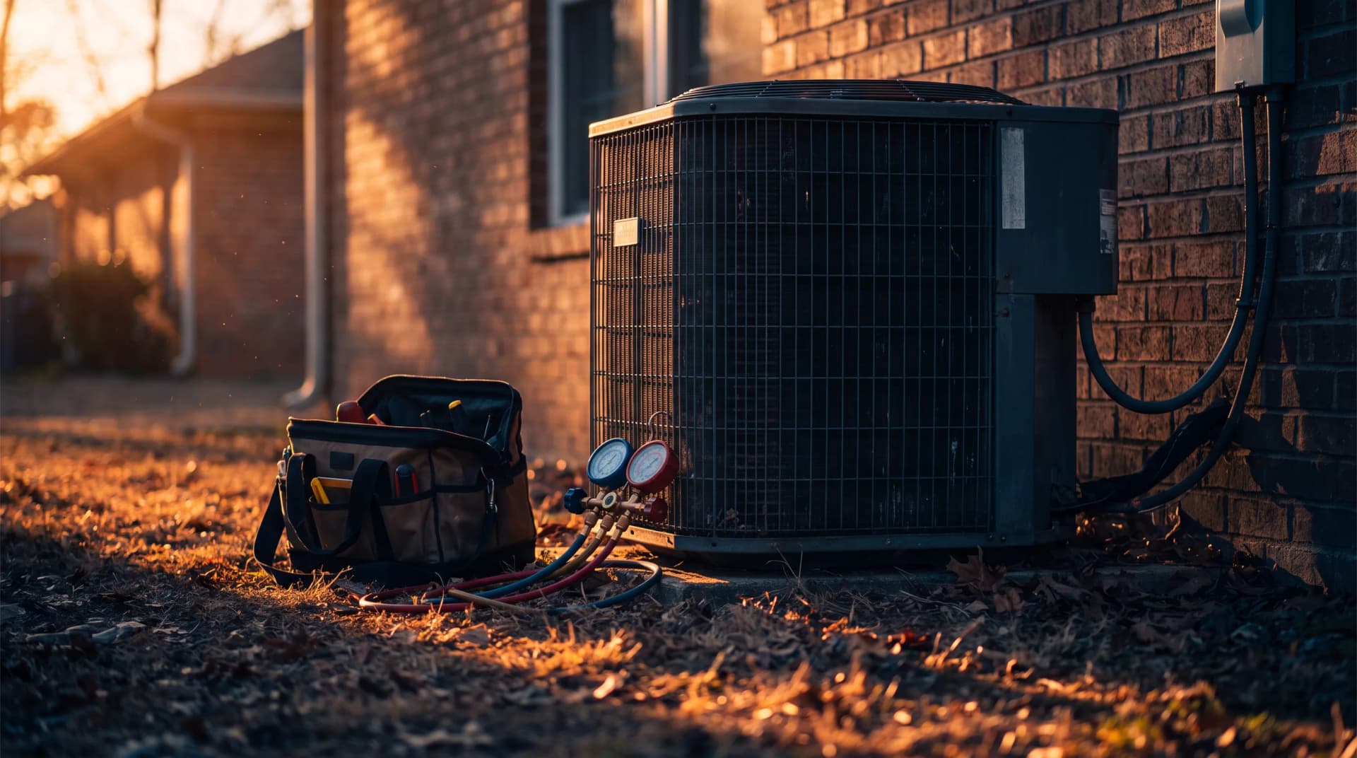 Outdoor air conditioner condenser unit beside a home with HVAC service gauges, hvac & ac repair marketing