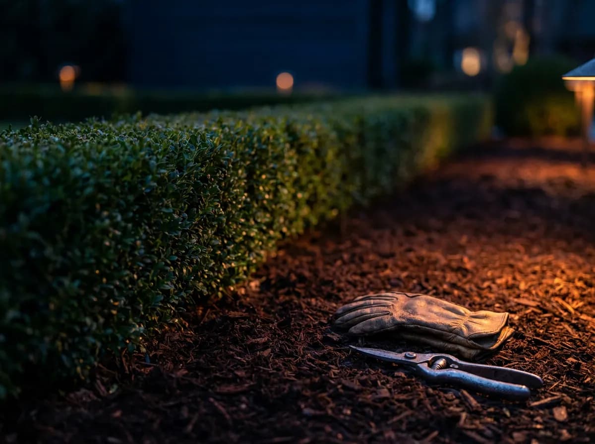 Landscaper trimming a hedge beside a freshly mulched garden bed for landscapers in Orlando, FL and nationwide