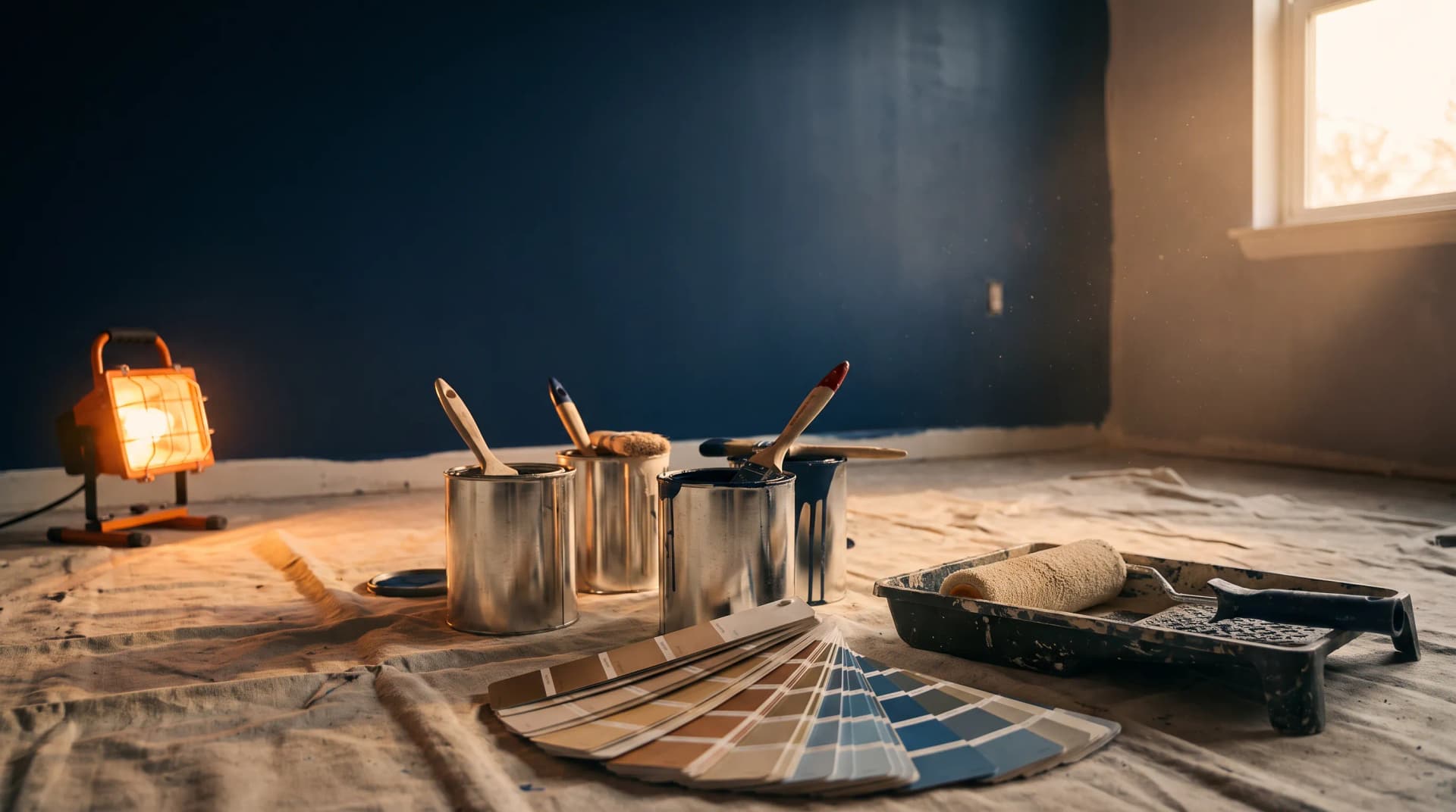 Freshly painted interior wall with rollers, paint cans and a color swatch deck, painters marketing in Seattle, WA and nationwide