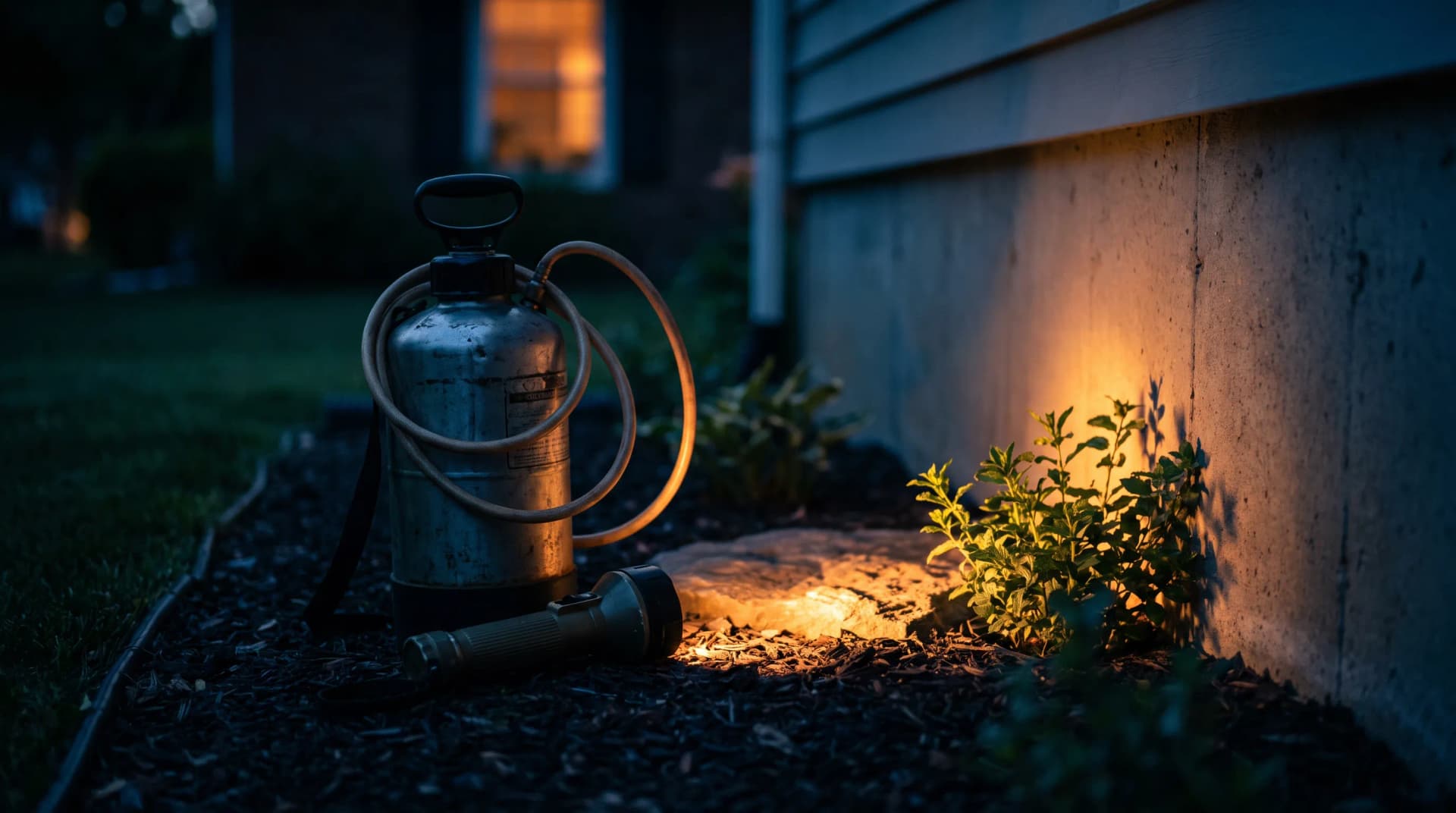 Pest control sprayer and inspection flashlight beside a home foundation and garden, pest control marketing in Houston, TX and nationwide