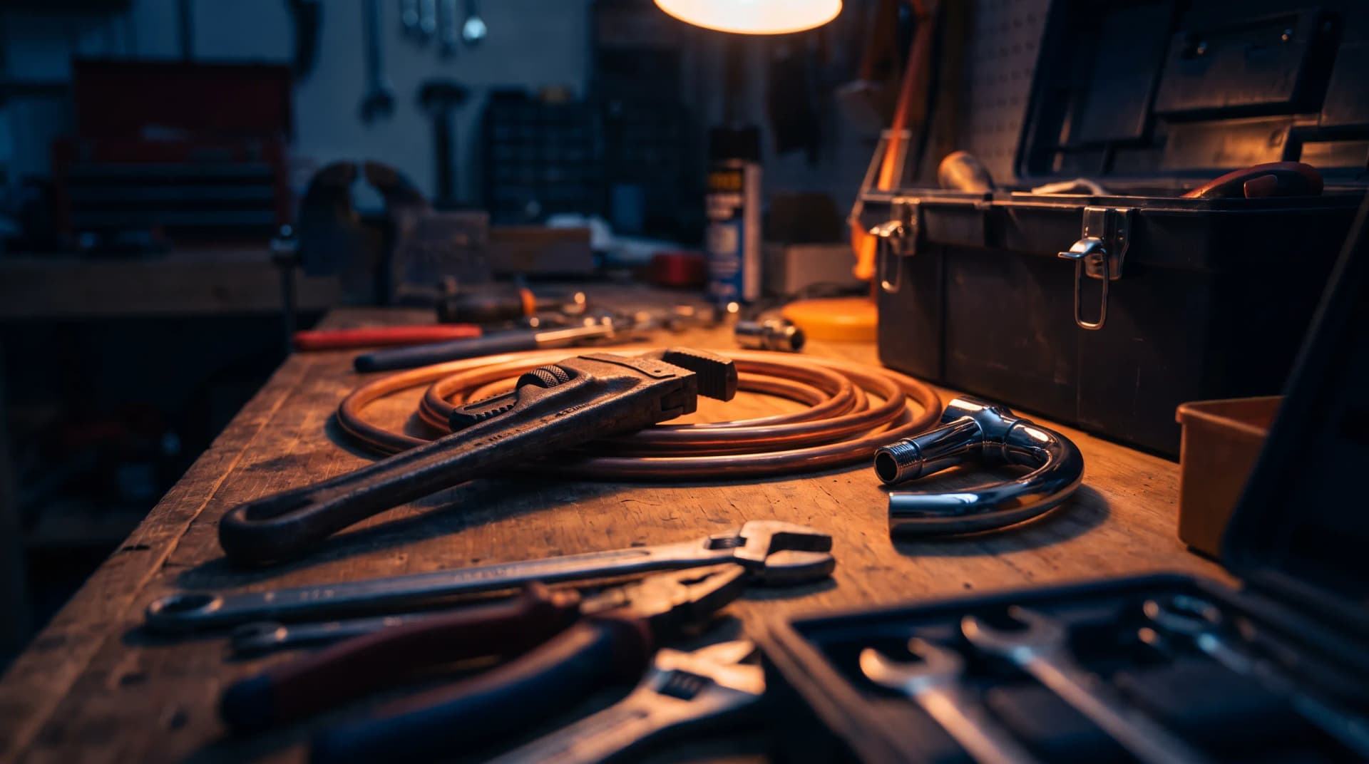 Plumber wrench and copper pipes on a workbench next to a new faucet, plumbers marketing