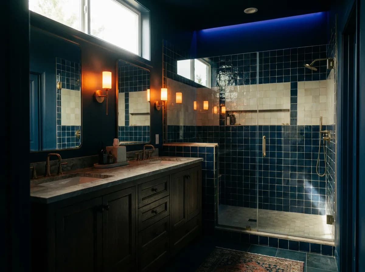 Renovated bathroom with a double vanity and tiled shower for remodeling contractors in Seattle, WA and nationwide