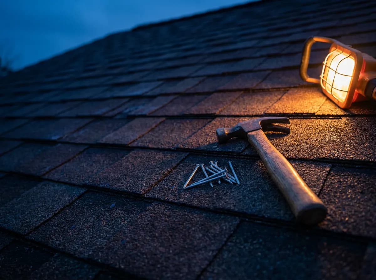 Roofing nail gun and shingles on a residential roof during replacement for roofing contractors in Oklahoma City, OK and nationwide