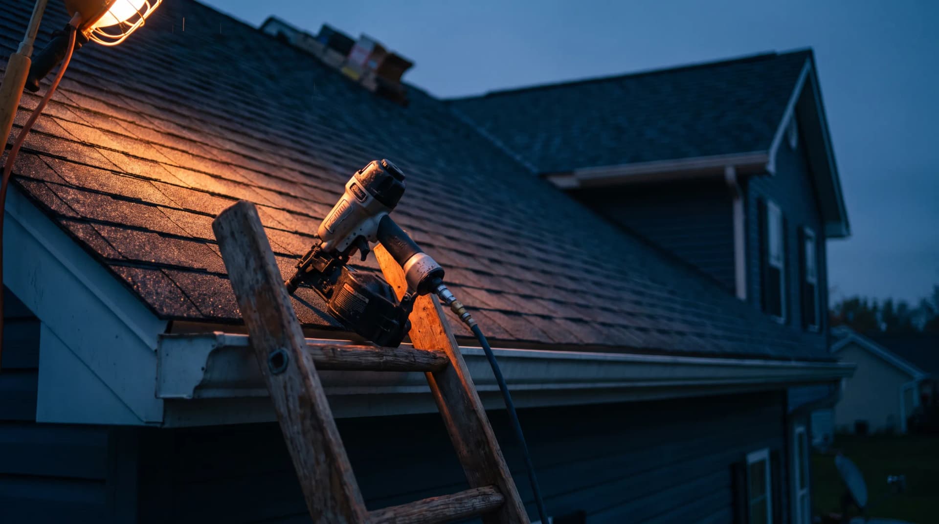 Newly installed asphalt shingle roof on a suburban house with a ladder, roofers marketing