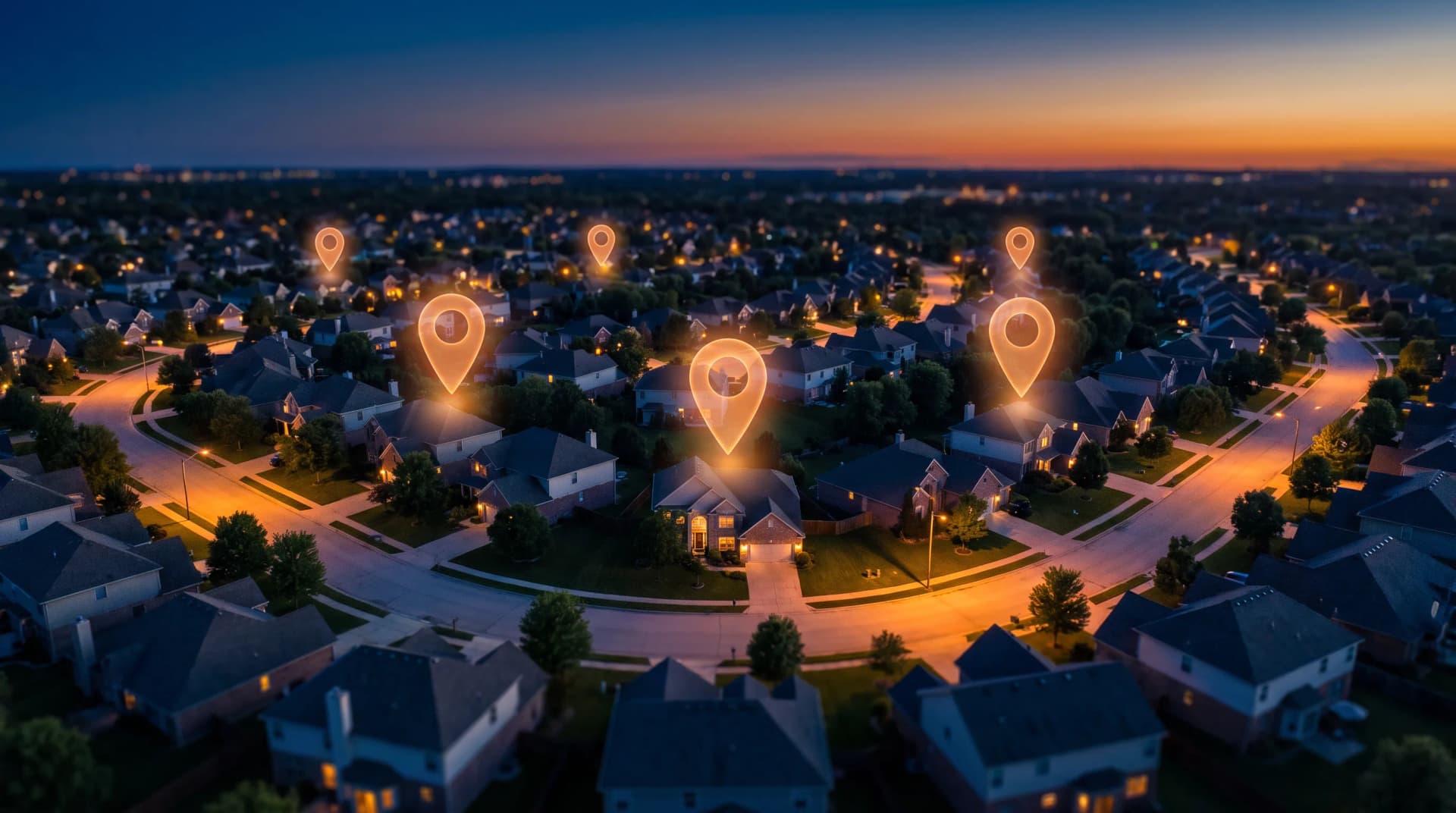 Neighborhood at dusk with glowing map pins
