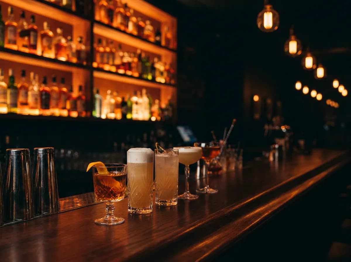 Cocktail bar with crafted drinks and backlit bottles