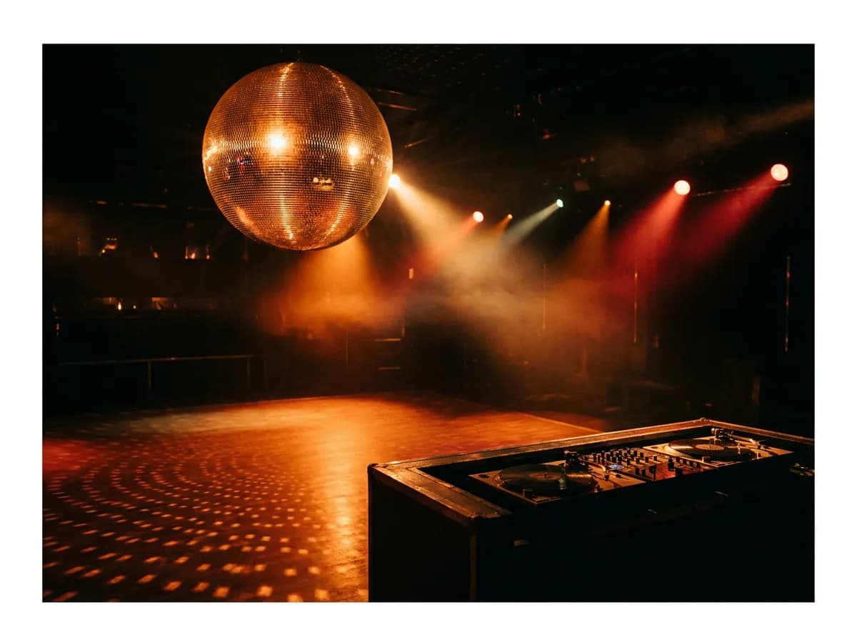Discotheque with mirror ball, DJ booth and spotlights