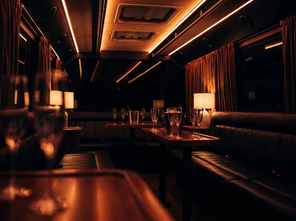 Party bus interior with LED lights for bachelor and birthday groups