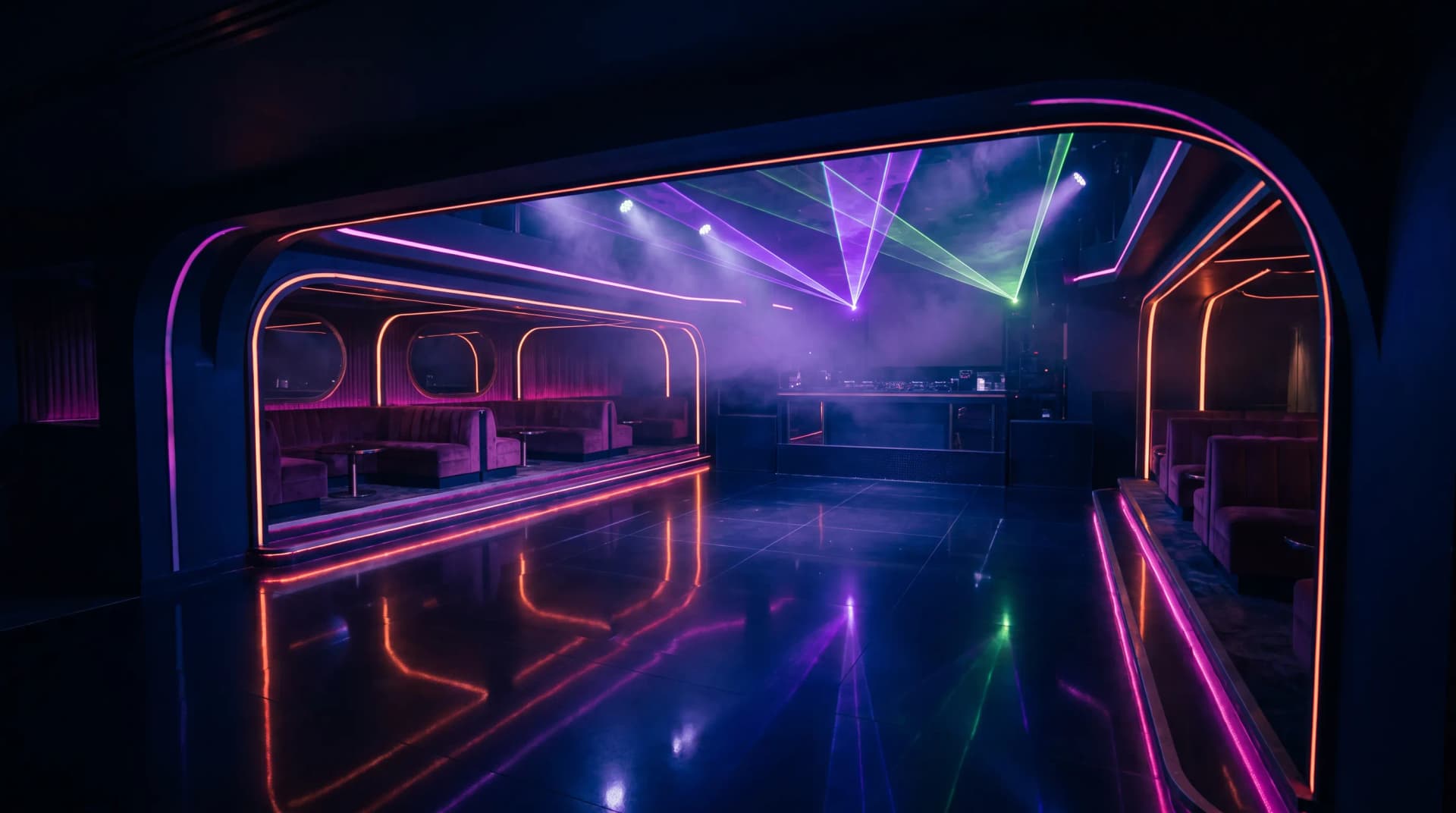 Nightclub dance floor with neon lights and DJ booth