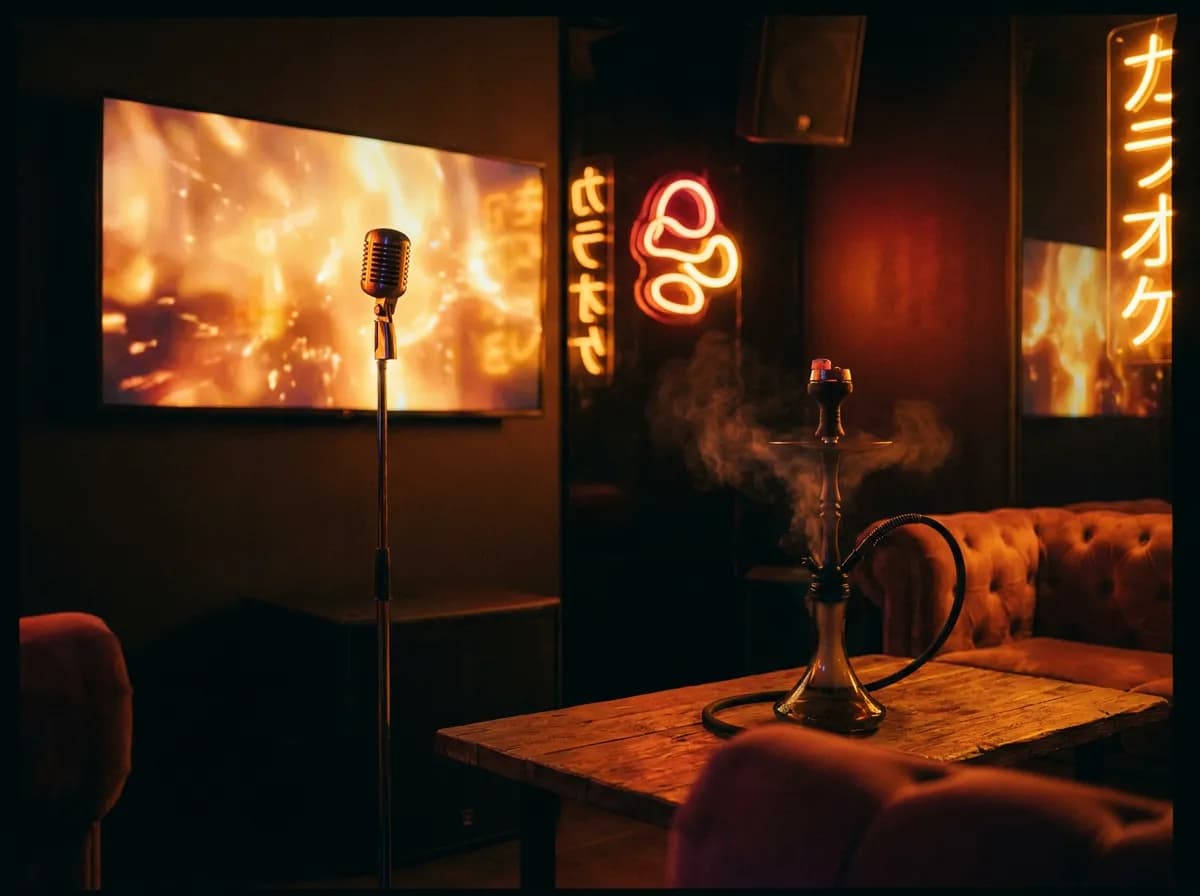 Late-night karaoke and hookah lounge with neon lighting