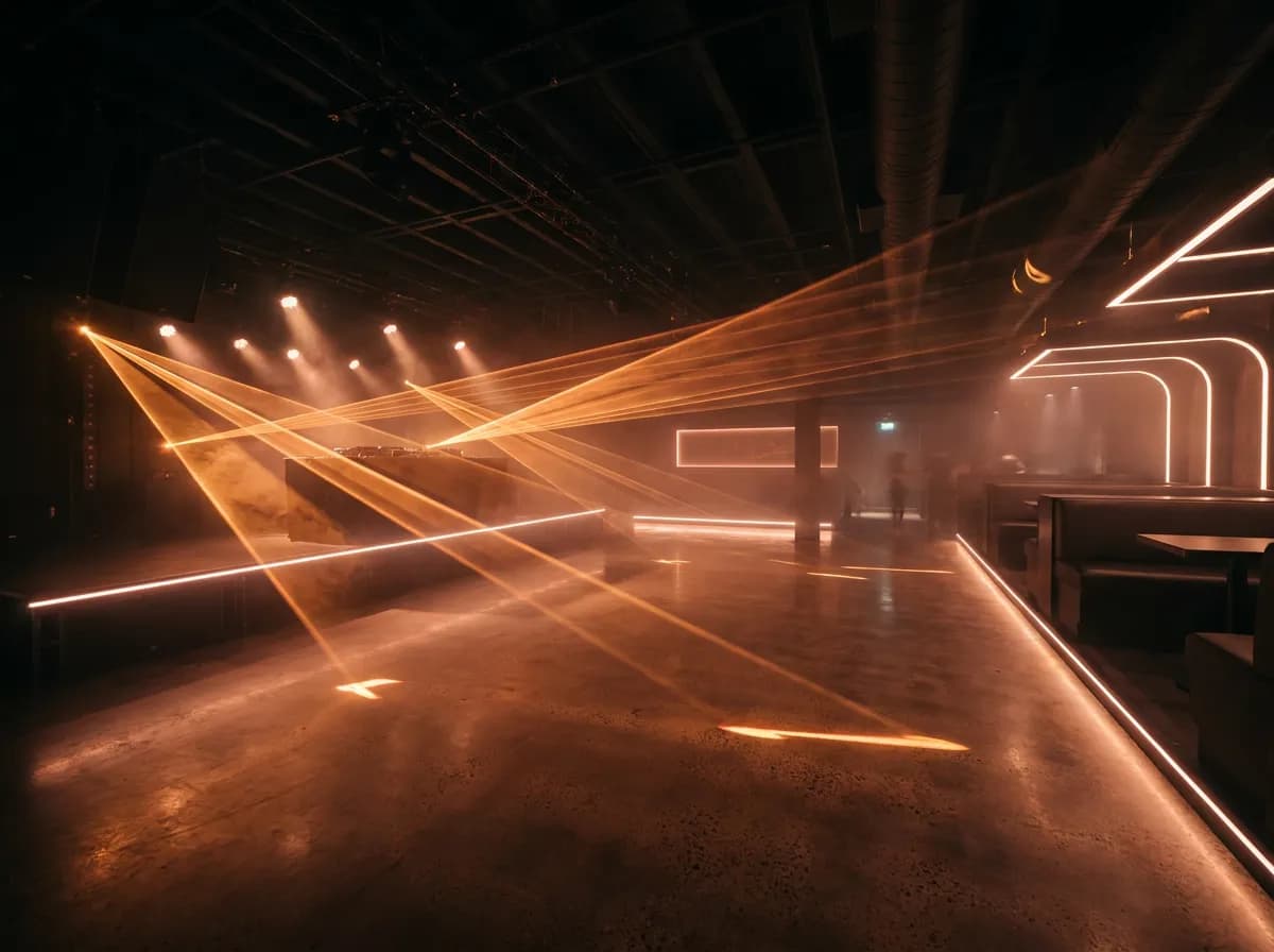 Nightclub dance floor with laser lights and haze