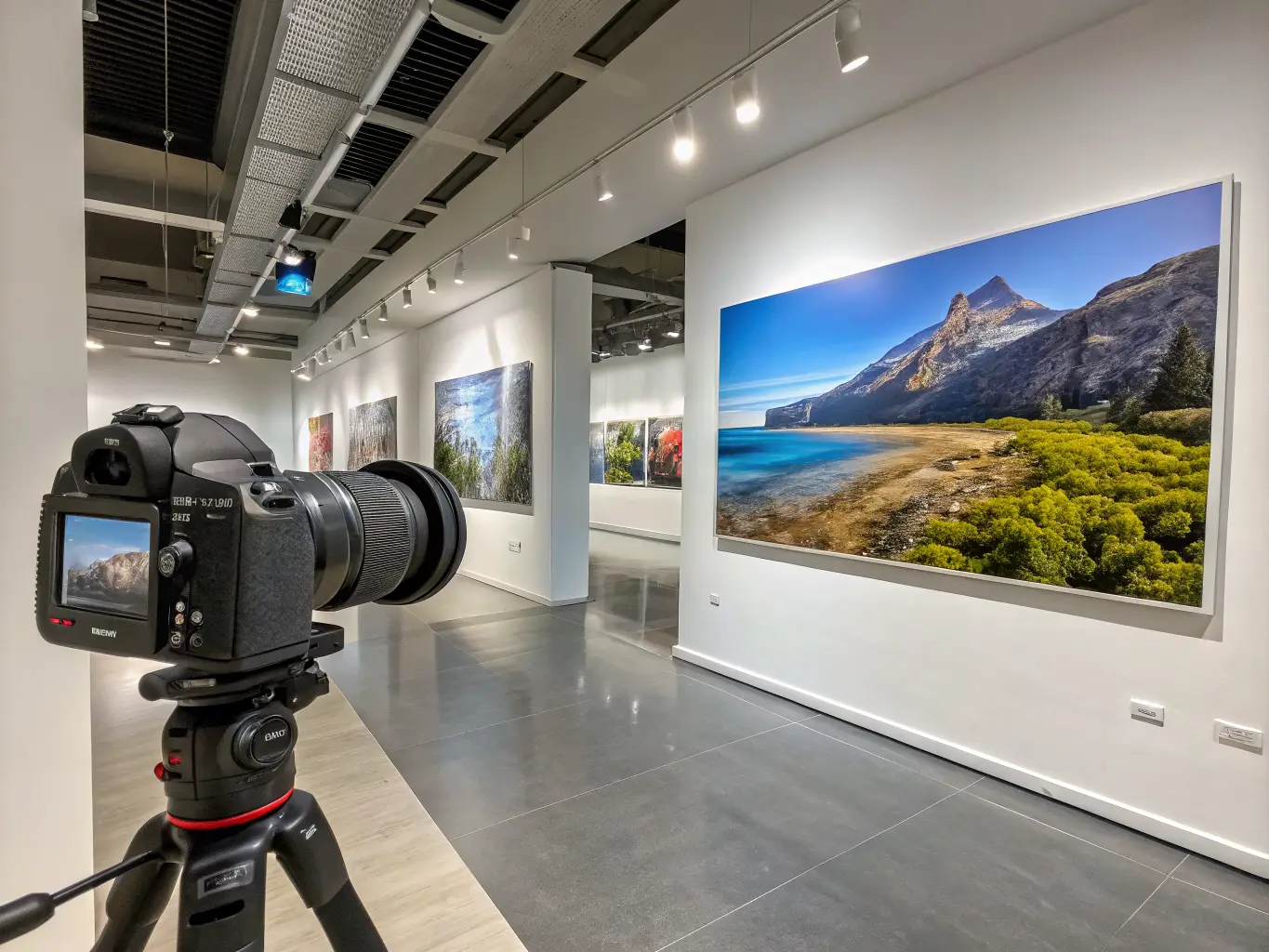 Large format printed posters displayed on a gallery wall in a modern retail space