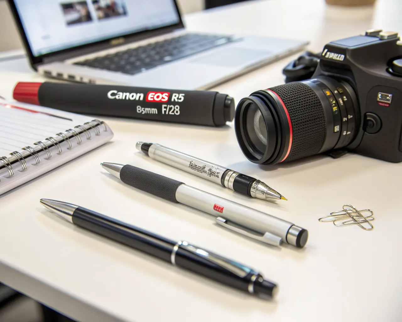 Custom branded promotional pens and writing instruments with company logo imprint arranged on a clean white desk surface