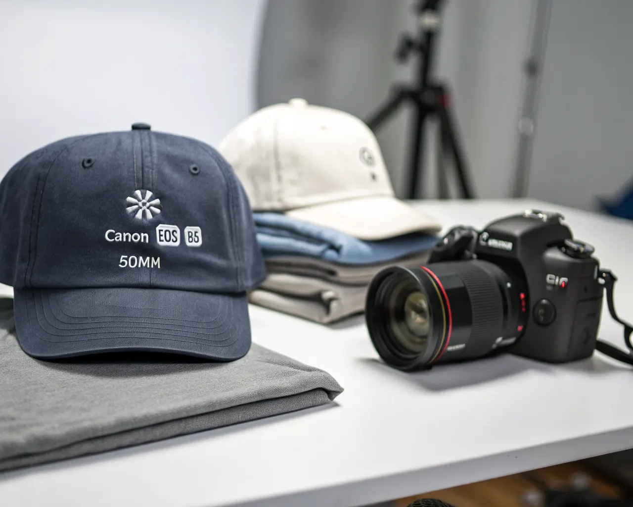 Custom branded apparel including t-shirts and embroidered baseball caps with company logo on a clean studio surface