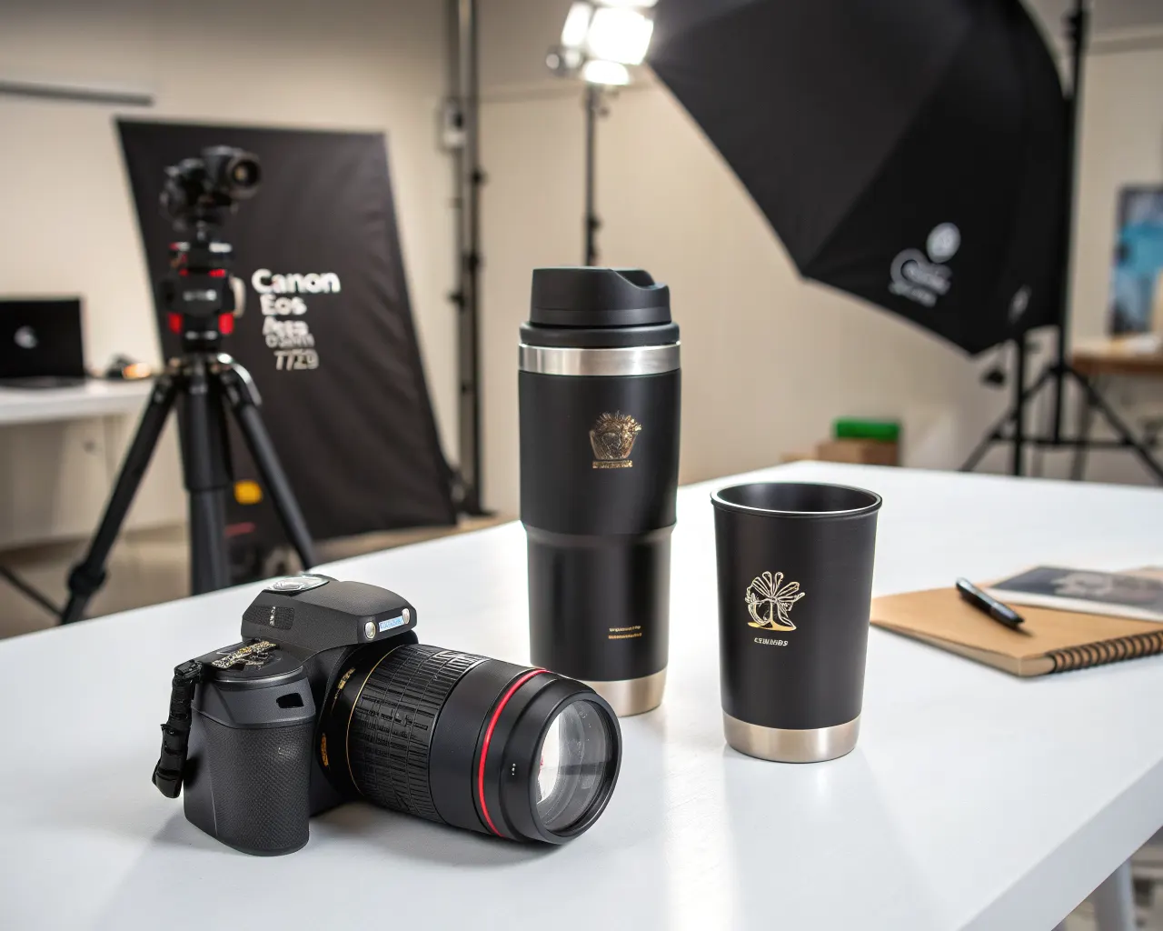Branded custom promotional drinkware including tumblers and insulated water bottles with company logo on a white studio surface