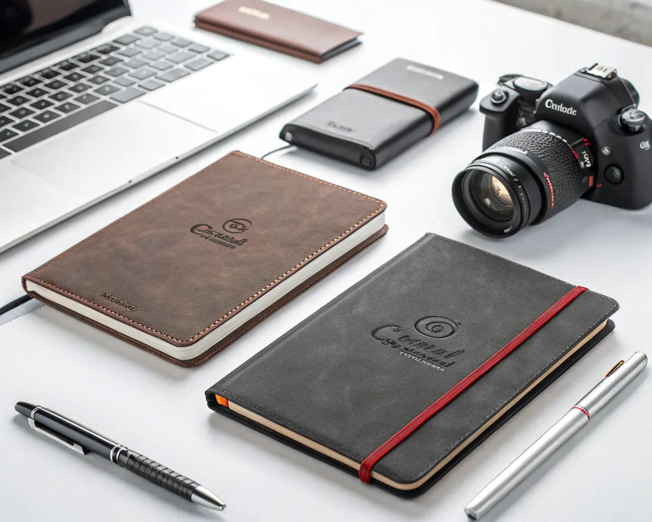 Custom branded corporate notebooks and journals with embossed company logo and elastic band on a modern office desk