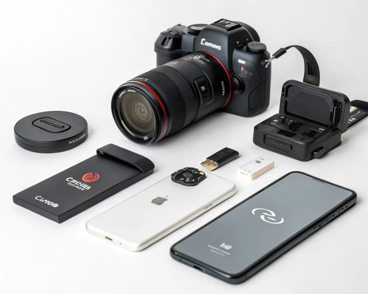 Branded promotional tech accessories including USB drives, wireless charger pad, and phone stand with company logo on a white surface
