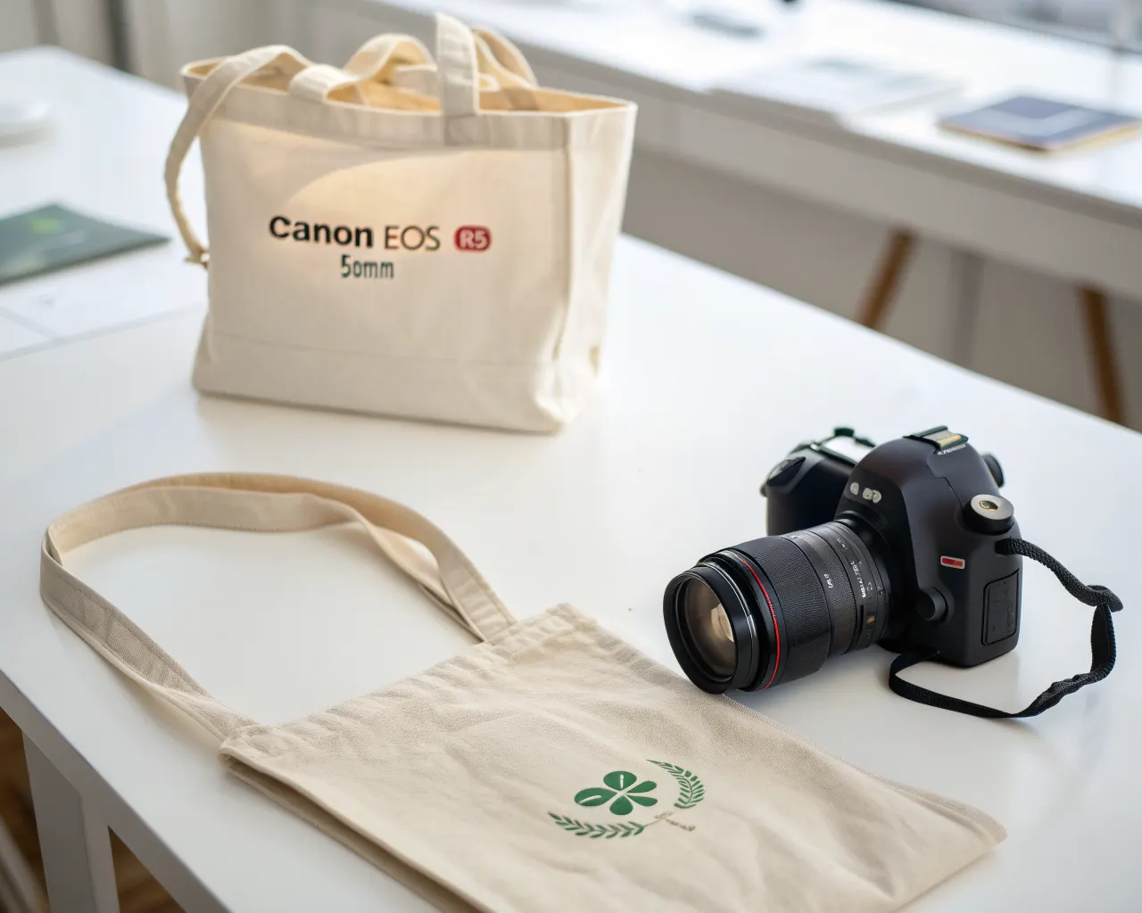 Custom branded cotton canvas eco-friendly tote bags with printed corporate logos flat-laid on a bright white surface