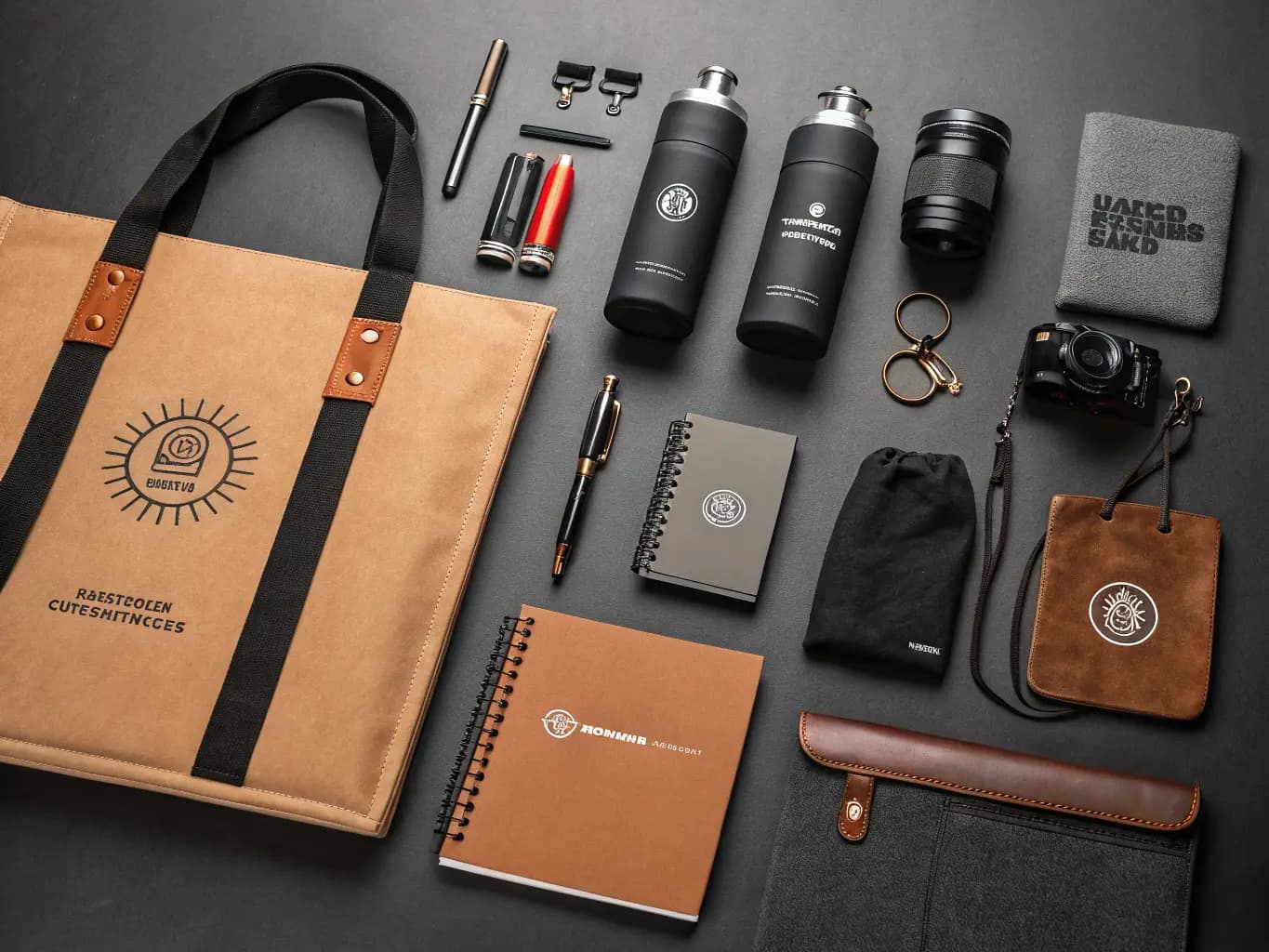 Branded promotional merchandise including tote bags, water bottles, notebooks, and pens on a dark surface