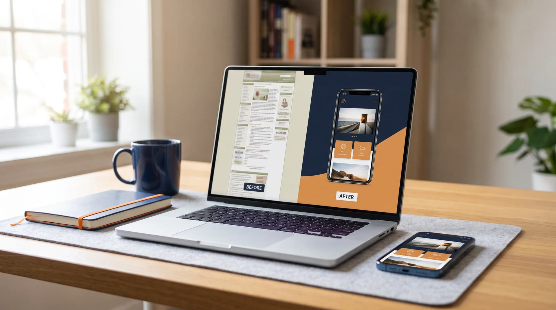 Laptop showing an outdated website redesigned into a modern mobile-friendly site