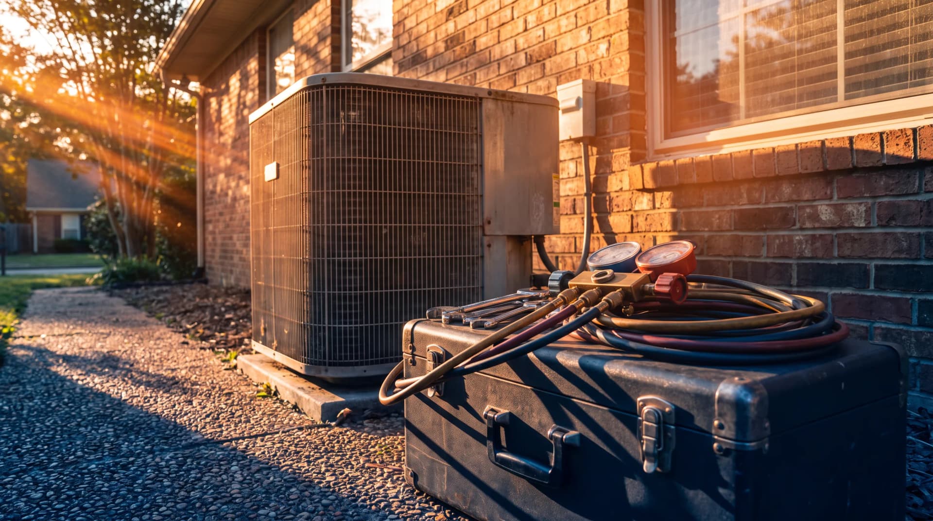 Outdoor air conditioning unit beside a house with service tools in the foreground