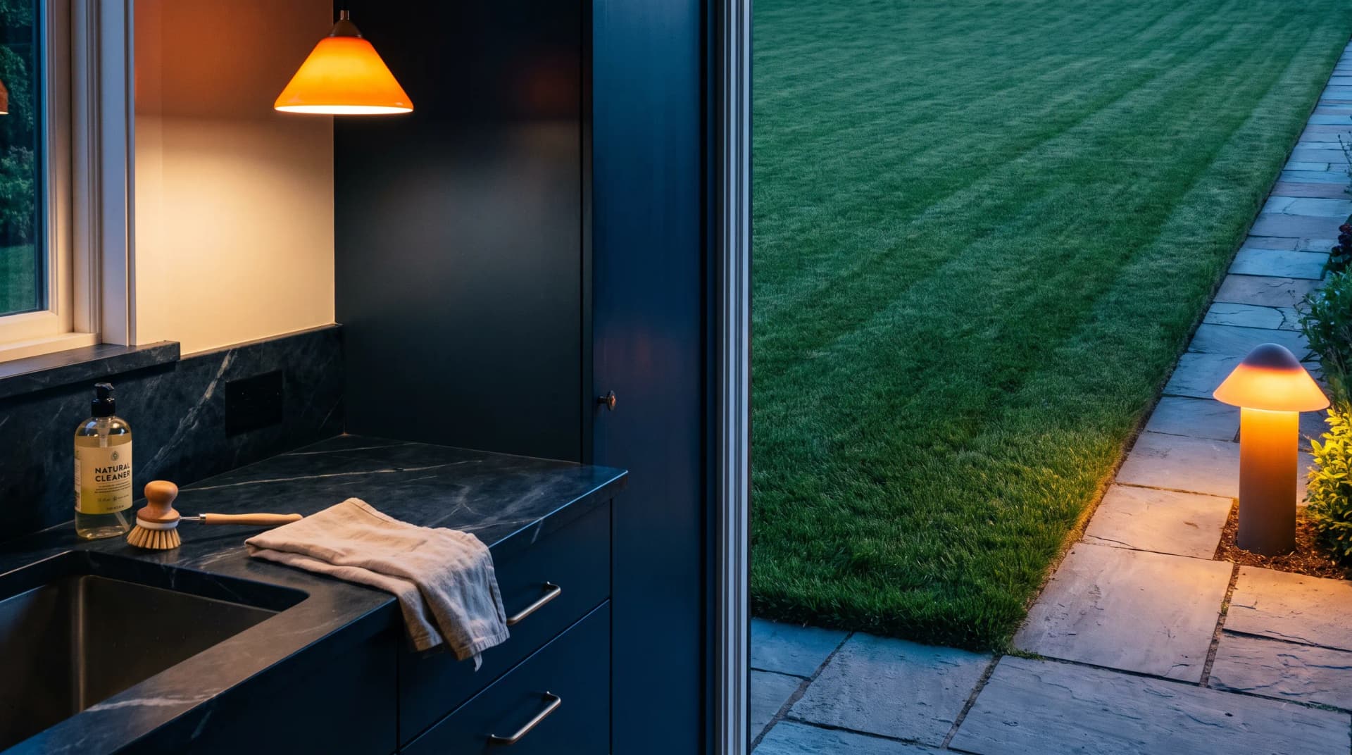 Remodeled kitchen counter next to a manicured lawn and cleaning supplies