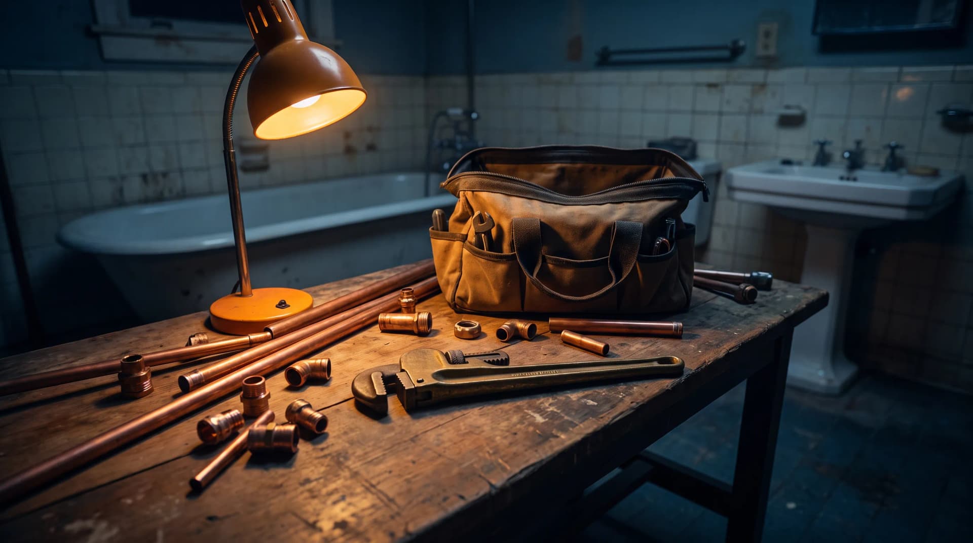 Copper pipes, a pipe wrench and a tool bag on a dark workbench