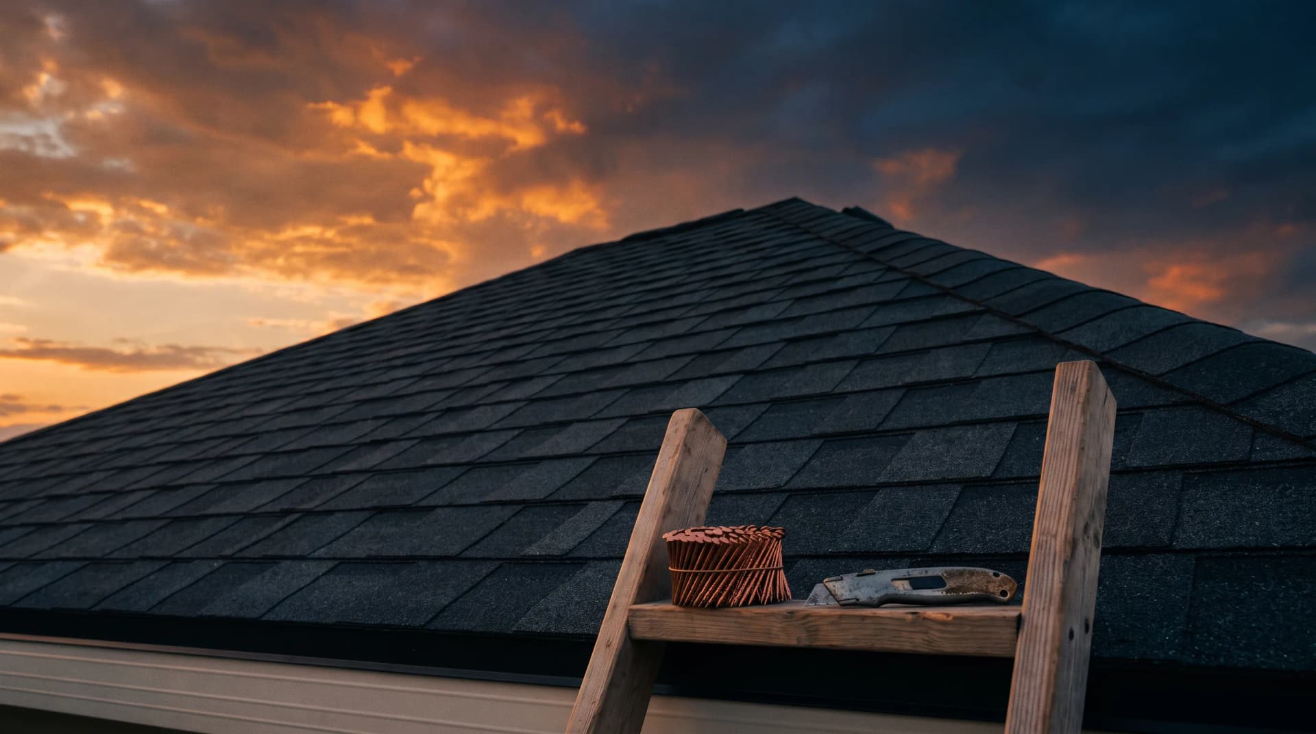 Residential roof with dark asphalt shingles under an evening sky