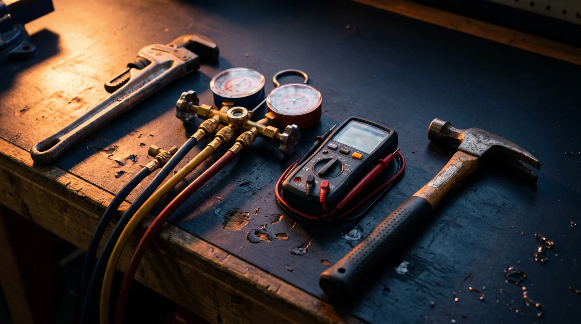 Plumbing, HVAC, electrical and roofing tools on a dark workbench