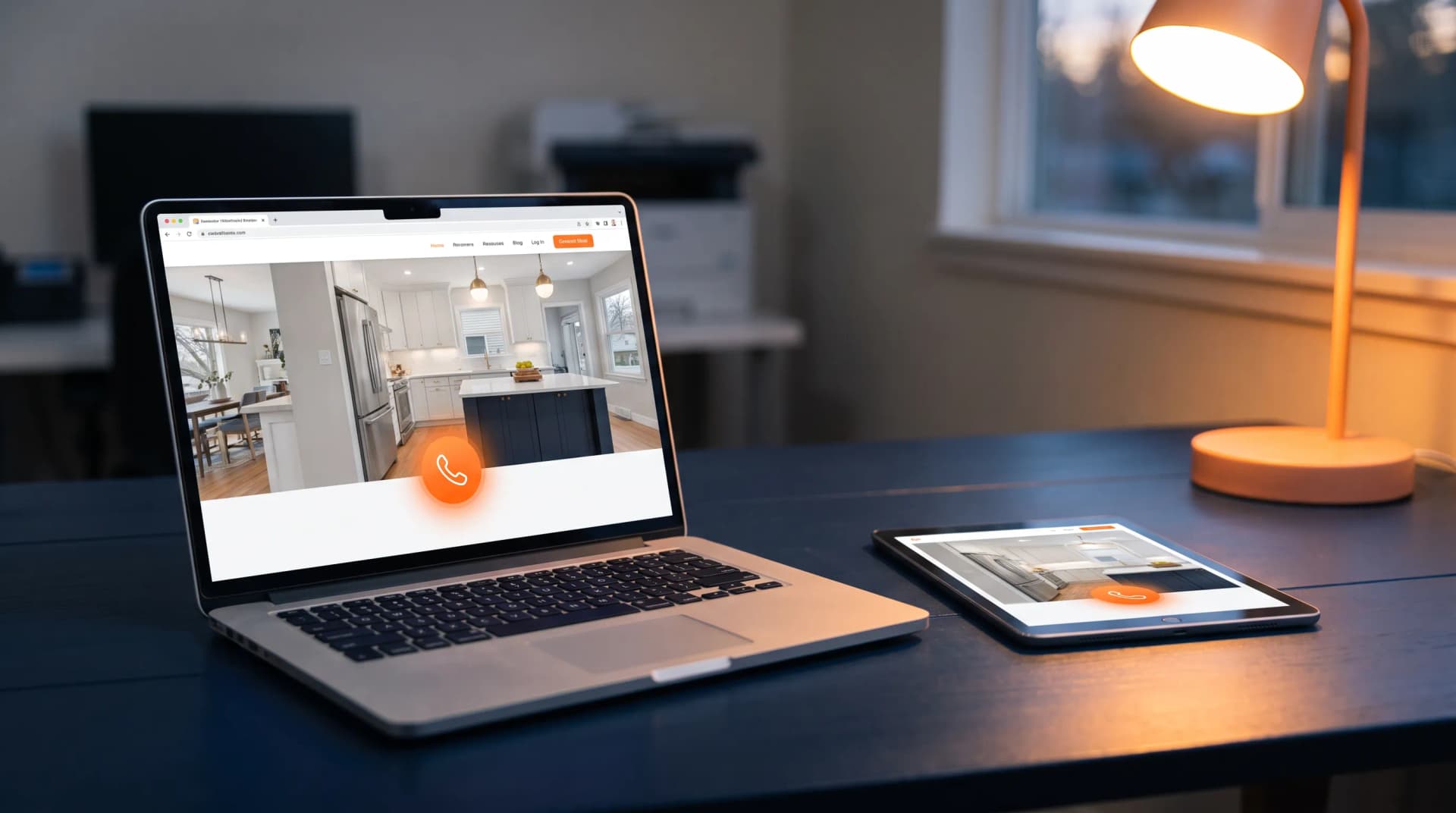 Laptop and tablet showing a contractor website with a click-to-call button
