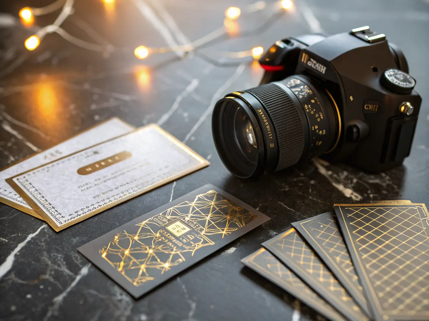 Premium business cards with gold foil on dark marble