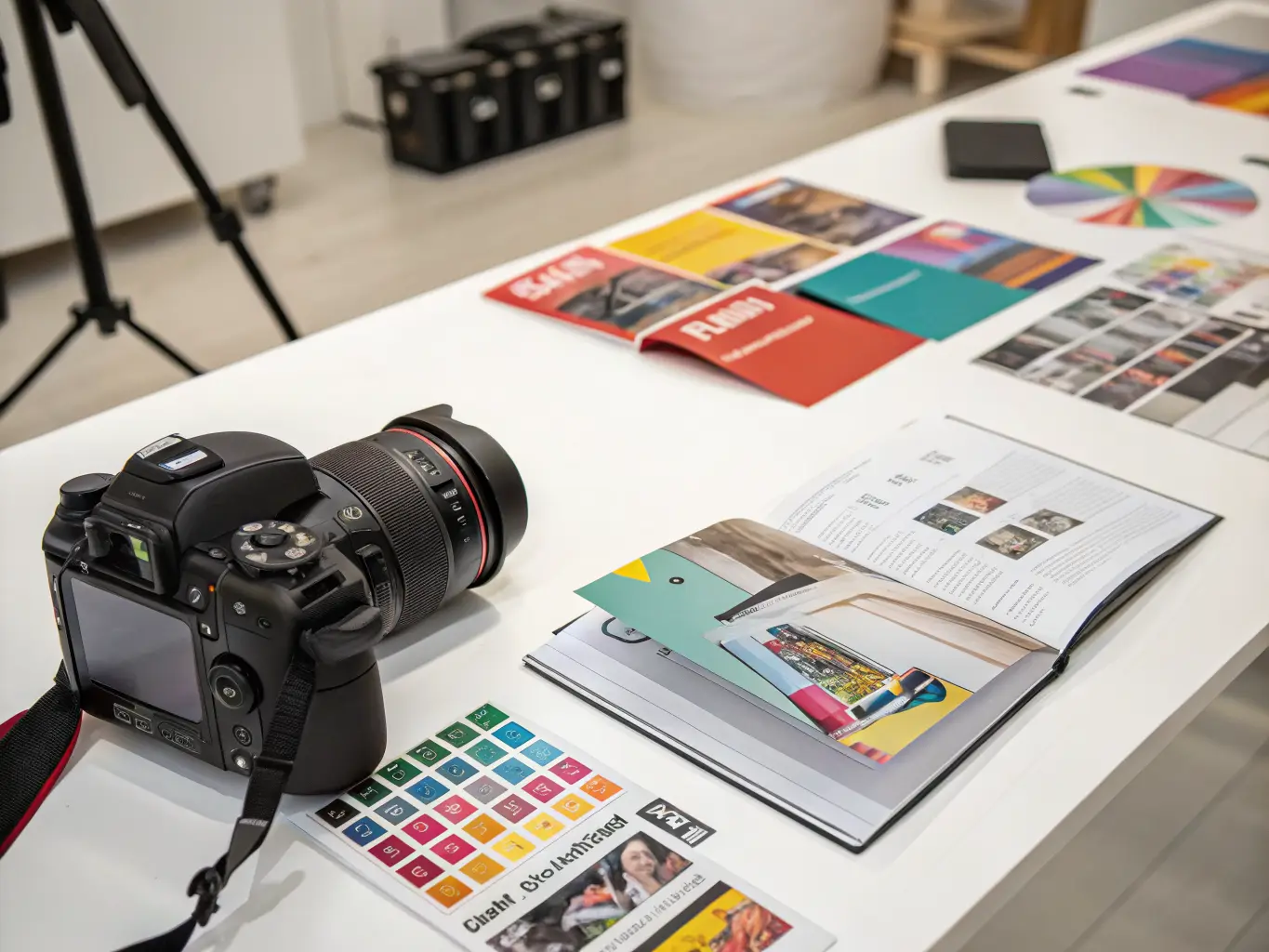 Marketing flyers and posters spread on white surface