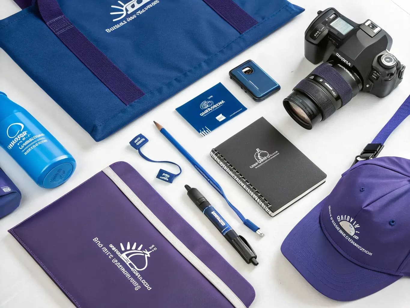 Branded promotional products collection in blue and purple