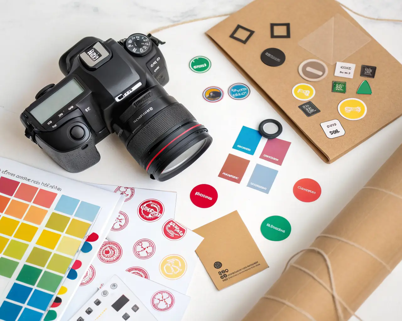 Custom vinyl stickers and product labels flat lay