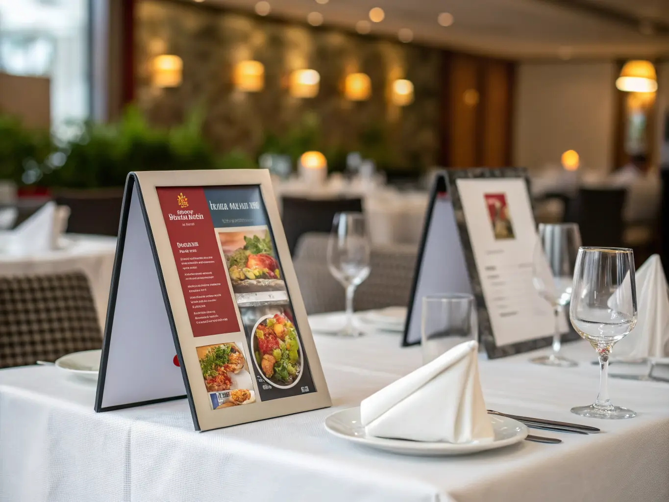 Table tent displays in elegant restaurant setting